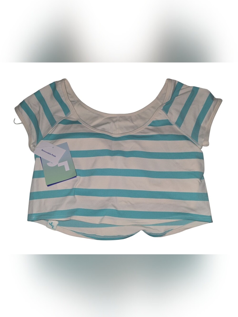 Womens JoyLab Teal and White Striped Short Sleeve Cropped Tee, Built In Bra